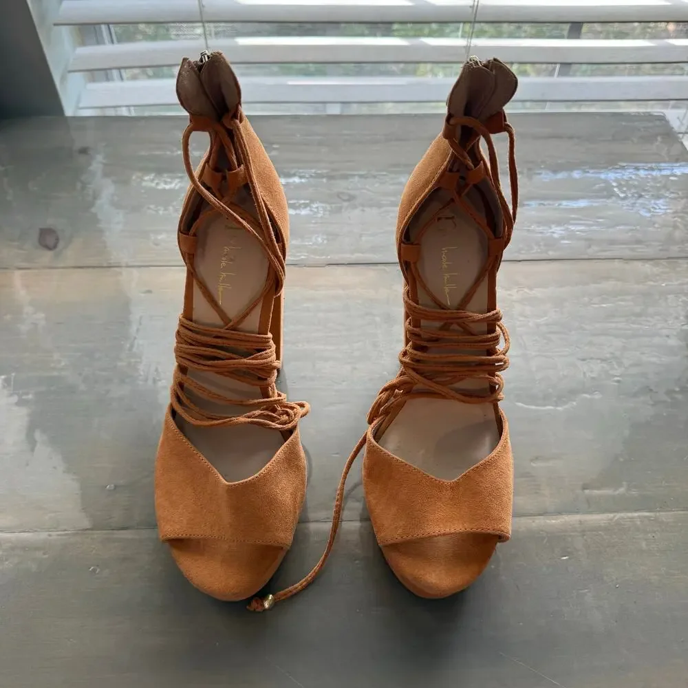 Nicole by Nicole Miller Camel Open Toe Sophia Block Heel Wedges Sz 8.5